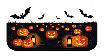 Spooky Halloween Pumpkin Display with Lit Jack-o'-Lanterns Flying Bats Lanterns and Witch Hat on Night Background Perfect for Seasonal Decorations and Festive Celebrations