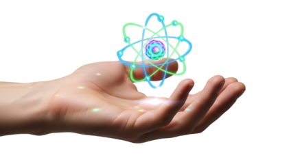 Atom in hand science concept innovation research and development scientific discovery futuristic technology on transparent background