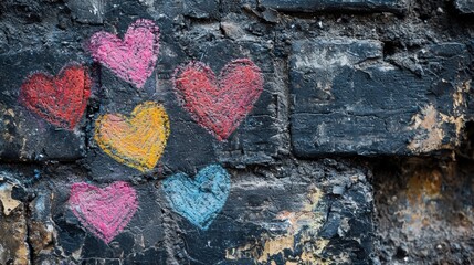 Colorful hearts on brick wall