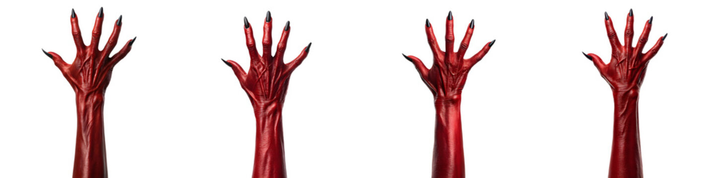 Set For red devil hands isolated on transparent background reaching up