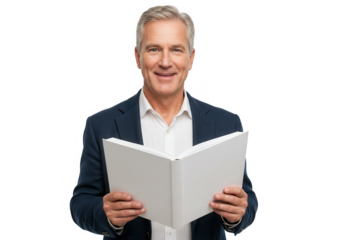 Smiling man holding open book isolated on transparent background