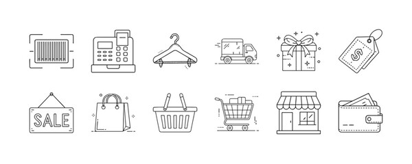 Shopping and retail commerce line icon set - Collection of outline icons featuring shopping and retail elements including basket, cart, bag, sale sign, wallet, gift, store, and price tag.
