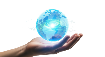Global technology network connection concept hand holding earth digital illustration design abstract on transparent background