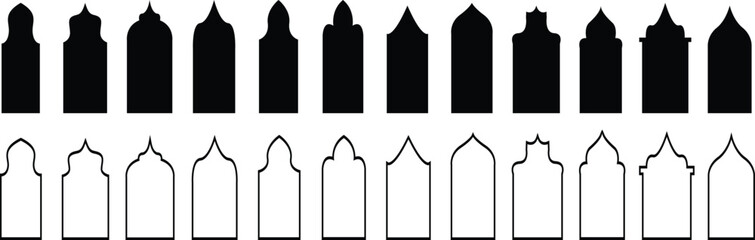 Traditional islamic door and window shapes. Arch window vector set . Arabic muslim architecture design elements, ramadan. Mosque borders or moroccan gates