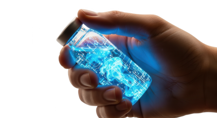 Hand holding futuristic glowing jar with jellyfish technology and circuit board design concept art on transparent background