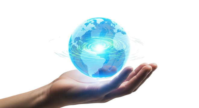 Global technology network connection concept hand holding earth digital illustration design abstract on transparent background