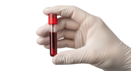 Blood test sample in gloved hand for medical analysis and healthcare research laboratory examination use on transparent background