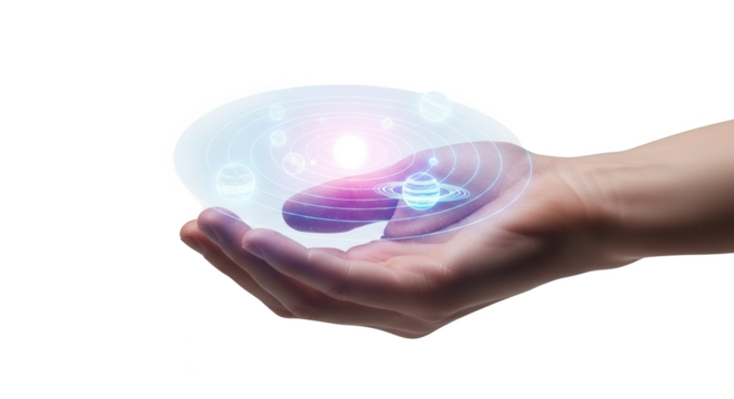 Hand holding solar system galaxy planets space universe astrology science astronomy exploration concept on transparent background