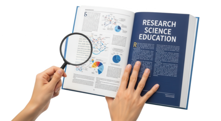Science research education book with magnifying glass for data analysis and study in education field on transparent background