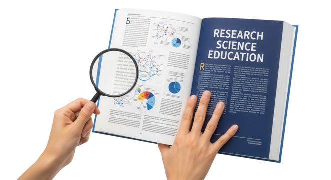 Science research education book with magnifying glass for data analysis and study in education field on transparent background