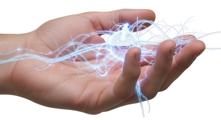 Neuron cell in hand concept for neuroscience research and brain health awareness with neural network on transparent background