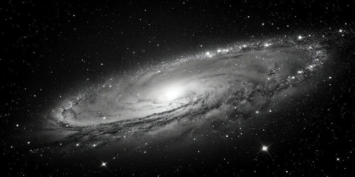 Stunning black and white image of a spiral galaxy with bright core and surrounding stars in deep space