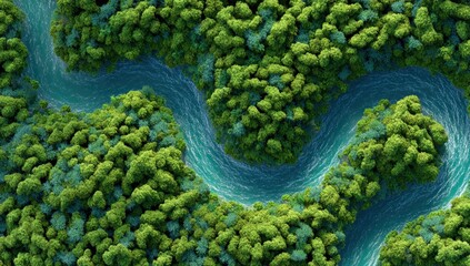 Lush forest and winding river from above