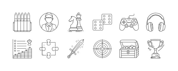 Gaming and competition activity line icon set - Collection of outline icons showing gaming and competition elements including chess, domino, video game controller, headphones, trophy, puzzle, and targ