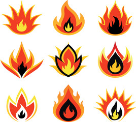 Collection of stylized flame icons representing different fire elements and heat energy
