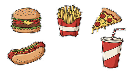 Illustration of a burger, fries, pizza, hotdog, and a soda drink set