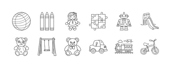 Children toys and playground line icon set - Collection of outline icons showing children’s toys and playground items including teddy bears, robot, puzzle, crayons, slide, swing, bike, and train.
