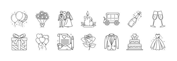 Wedding and romance celebration line icon set - Collection of outline icons representing wedding and romance symbols such as rings, cake, dress, suit, champagne, bouquet, and decorations.
