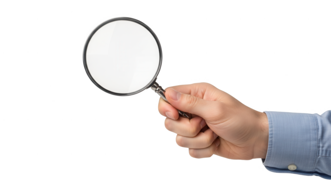 Magnifying glass held by hand for search inspection and research concept on black background isolated on transparent background - Powered by Adobe