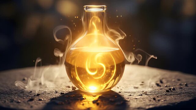 A glowing, golden potion swirls within a glass flask, emanating light and vapor.