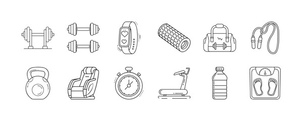 Fitness and gym equipment line icon set - Collection of simple line icons showing various gym and fitness equipment including weights, treadmill, stopwatch, water bottle, and accessories.
