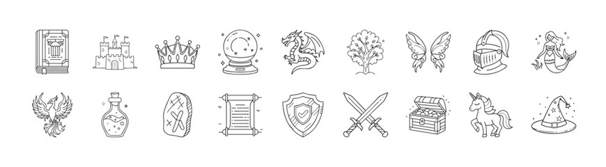 Fantasy and Fairytale Line Icon Collection - Set of minimal line icons representing fantasy and fairytale symbols such as dragons, crowns, unicorns, castles, magic, and mythical creatures.
