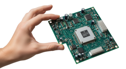 Hand holding green circuit board technology electronics engineering computer hardware component design 100char on transparent background