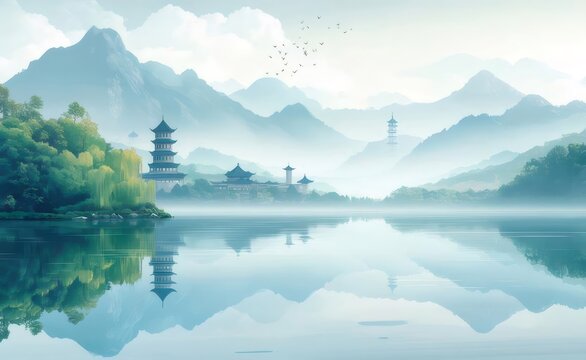 Mist Covered Lake Reflects Ancient Pagodas with Rolling Green Mountains in Background Scenic Calm