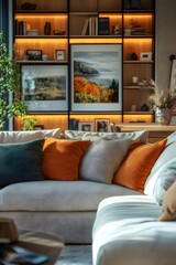 暖かい照明の居心地の良いリビングルーム、クリーム色のソファ、オレンジとグリーンの枕、木製の本棚、秋の芸術品
