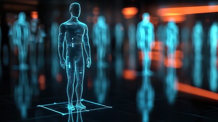 Holographic public service announcements projecting animated figures and messages in public spaces, dynamic information dissemination, engaging civic communication.