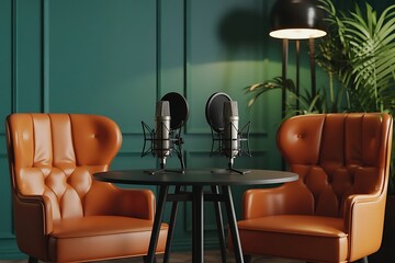 Two vintage style leather armchairs flank a round table with two professional microphones ready for a podcast recording session