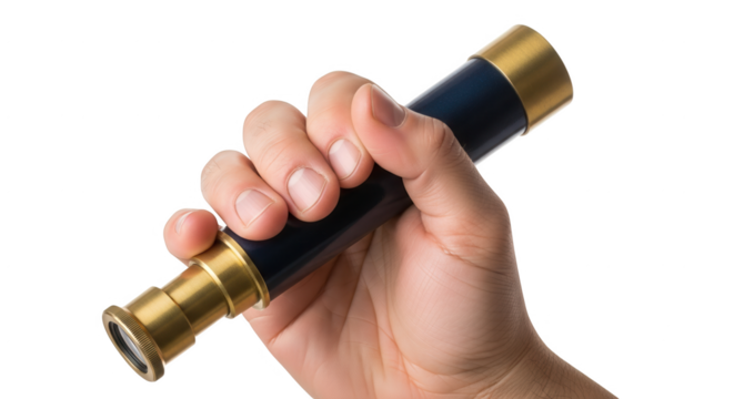 Hand holding spyglass telescope vintage nautical brass pirate monocular for adventure and exploration tool on transparent background