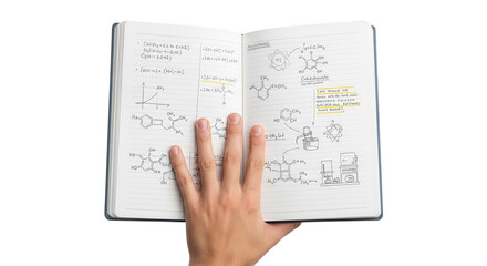 Fototapeta premium Organic chemistry study notebook with hand showing chemical structures and reaction mechanisms diagrams notes on transparent background