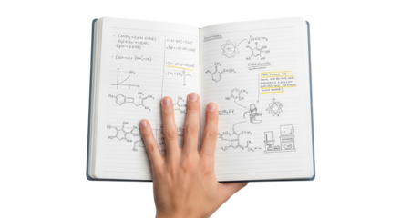 Organic chemistry study notebook with hand showing chemical structures and reaction mechanisms diagrams notes on transparent background