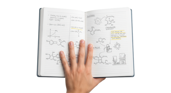 Organic chemistry study notebook with hand showing chemical structures and reaction mechanisms diagrams notes on transparent background