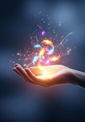 A vibrant, swirling energy vortex is held within a cupped hand, radiating a symphony of colorful sparks.