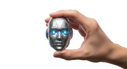 Robot head in hand concept artificial intelligence ai technology futuristic innovation future tech design 3d on transparent background