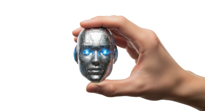 Robot head in hand concept artificial intelligence ai technology futuristic innovation future tech design 3d on transparent background