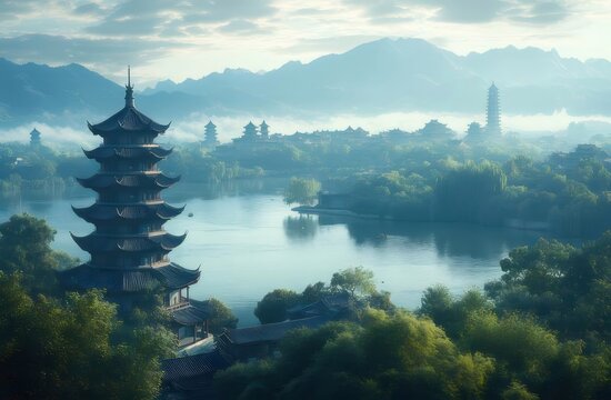 Misty Lake Surrounded by Green Trees and Traditional Asian Architecture in Serene Landscape