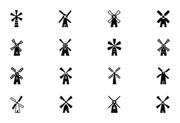Windmill icons set. Collection of different windmill silhouettes, perfect for architecture, renewable energy, and agricultural themes.