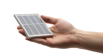 Small solar panel held in hand for renewable energy and sustainable living concept and green technology use on transparent background