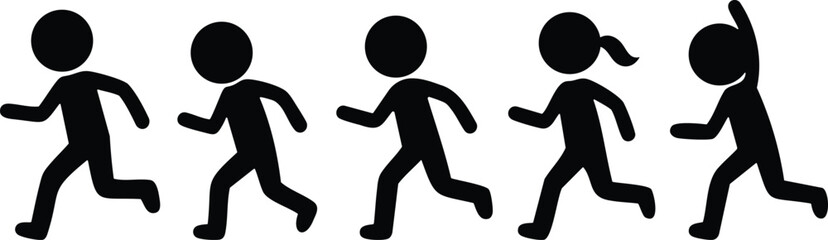 Stickman running silhouettes showing jogging, sprinting and movement sequence in different athletic poses for sports and activity design