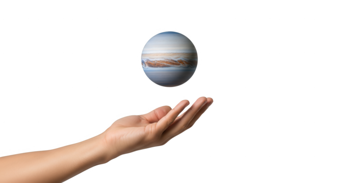 Hand holding levitating globe sphere showing technology future concept on black background for seo use on transparent background