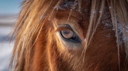 Close-up portrait of a chestnut horse showcasing its expressive eye in winter surroundings