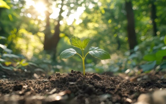 Young Green Sprout in Dark Soil Bathed in Sunlight in Lush Forest Setting
