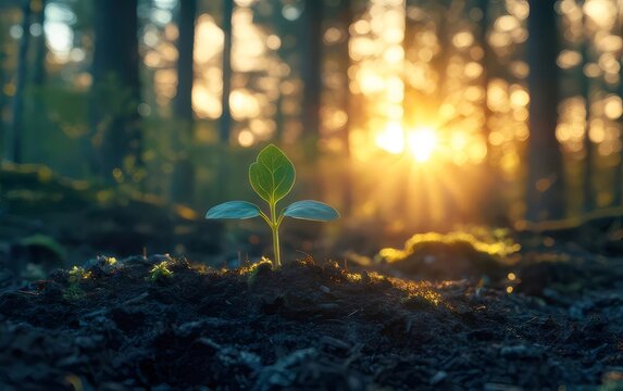 幼い植物が土から芽を出し日の光を浴びる森林風景 新しい成長の象徴
