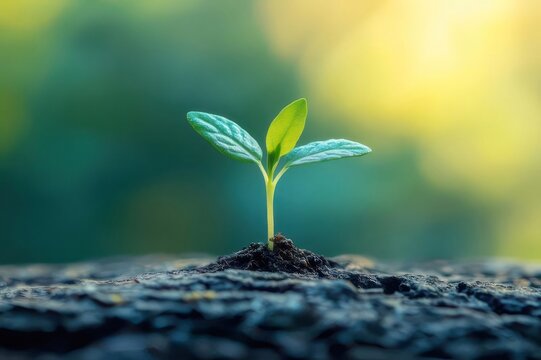 Green Plant Growing in Soil with Blurred Green Yellow Background Closeup