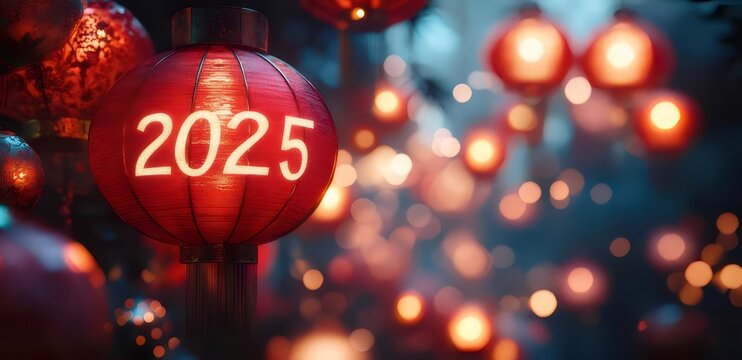 Glowing 2025 Red Lanterns Display Illuminating a Festive Atmosphere with Blurred Background in