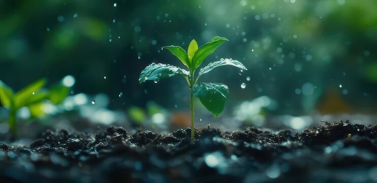 芽生えの接写は、緑の葉と周囲の土に焦点を当てた、自然光とボケの背景で撮影されました