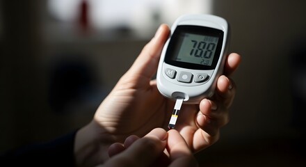 Close-up of a person using a blood glucose meter to check their blood sugar level.